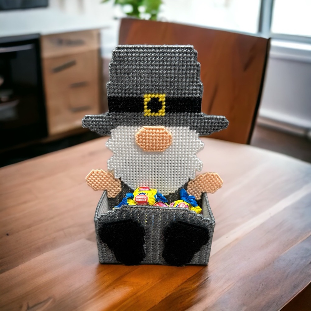 Plastic Canvas Pilgrim Gnome Treat Holder